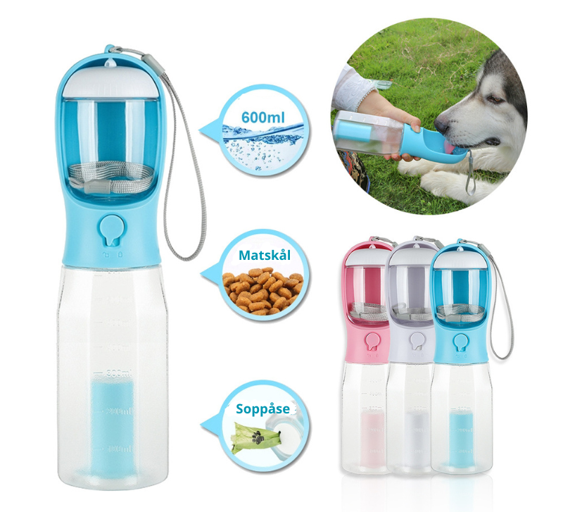 3-i-1 Portabel vattenflaska för hund & katt